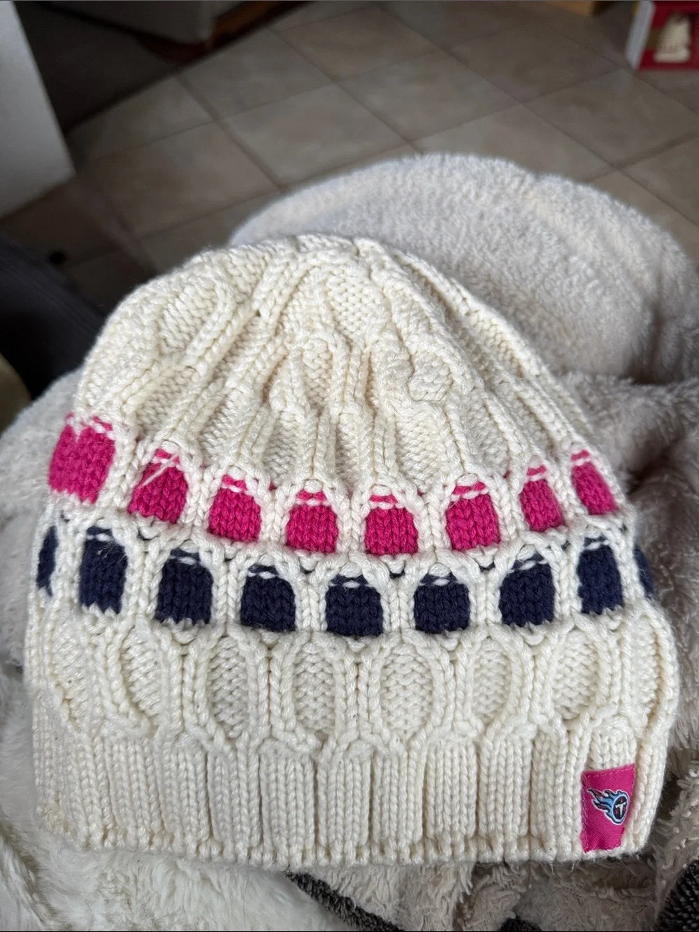 NFL Ivory Cable Knit Beanie with Pink & Navy Accents